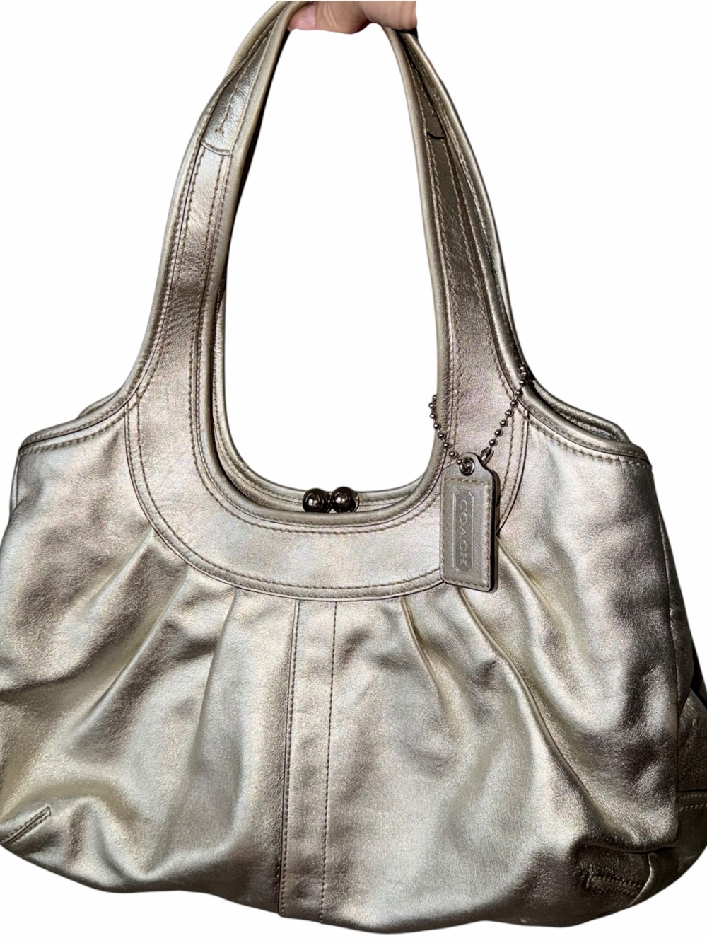 Vintage Coach Y2K Silver Kisslock Ergo Pleated Leather Metallic Bag 12831 GUC